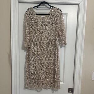 Kay Unger Gold Sequence and Lace 3/4 Sleeve Dress